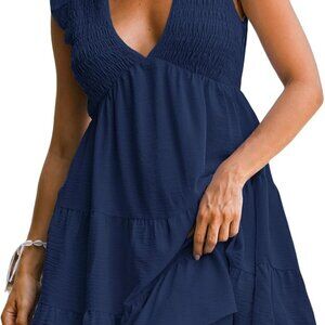 Women's Smocked Mini Dress V Neck Ruffled Summer Beach Cover Up Small